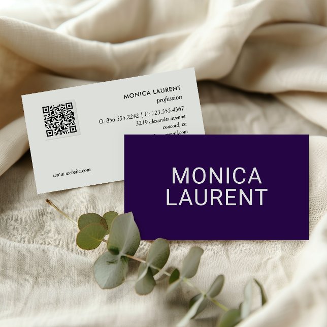 CARTE DE VISITE NOM LIVRE CODE QR LOGO ICONS SOCIAUX CHIC PURPLE (Créateur téléchargé)