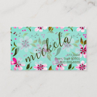 Carte De Visite Nom personnalisé Aquarelle florale aqua et rose