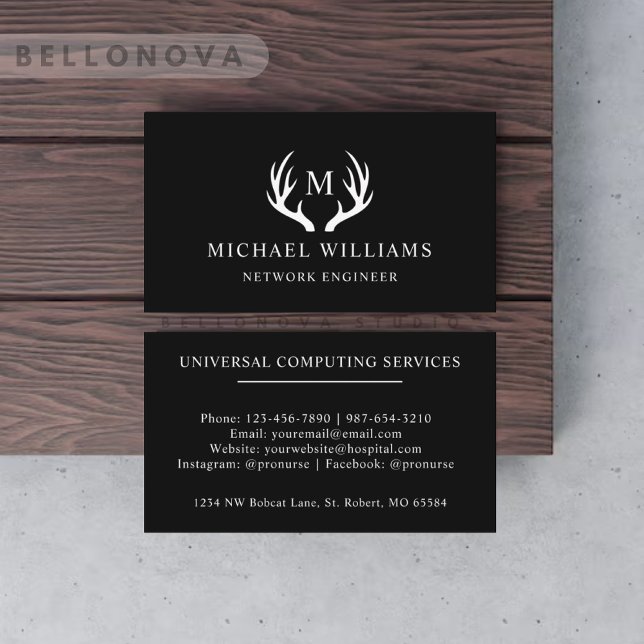 Carte De Visite Nom Personnalisé Blanc Noir Et Blanc Cerf Monogram (Custom Name White Black And White Deer Monogrammed Business Card)