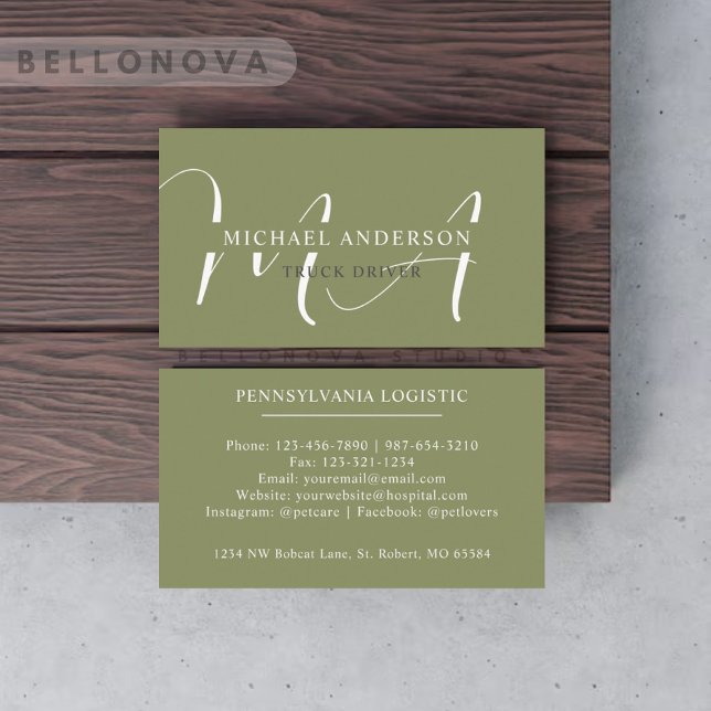 Carte De Visite Nom personnalisé Moss Sage Olive Green Monogramme  (Custom Name Moss Sage Olive Green White Monogram Business Card)