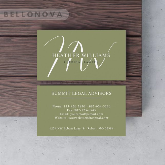 Carte De Visite Nom personnalisé Moss Sage Olive Green Monogramme  (Custom Name Moss Sage Olive Green White Monogram Business Card)