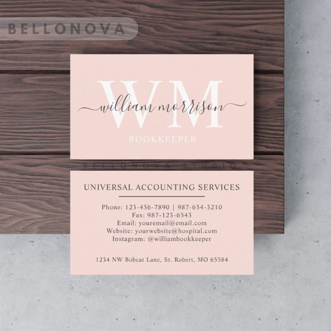 Carte De Visite Nom personnalisé Pale Pastel Rose Blanc noir Monog (Custom Name Pale Pastel Pink White Black Monogram Business Card)
