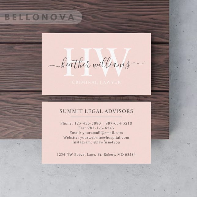 Carte De Visite Nom personnalisé Pale Pastel Rose Blanc noir Monog (Custom Name Pale Pastel Pink White Black Monogram Business Card)