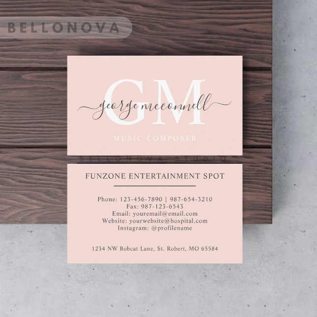 Carte De Visite Nom personnalisé Pâle rose blanc noir Monogramme (Custom Name Pale Peach Pink White Black Monogram Business Card)