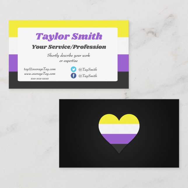Carte De Visite Non-binary Pride flag / heart Business Card (Devant / Derrière)