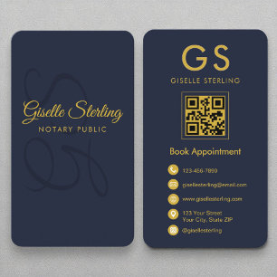 Carte De Visite Nota public Monogramme Marine Blue Gold QR Code