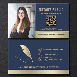 Carte De Visite Notaire public avec code QR bleu marine moderne