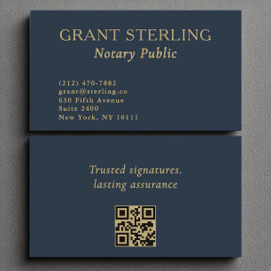 Carte De Visite Notaire public minimaliste Marine bleu or QR Code