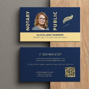 Carte De Visite Notaire public mobile photo bleu marine or code QR