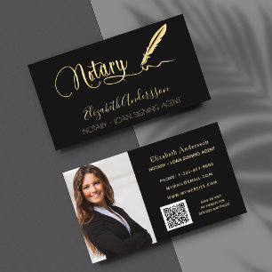 Carte De Visite Notary loan signing agent black gold photo QR code