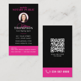 Carte De Visite Notary Signing Agent Black Pink Photo QR Code