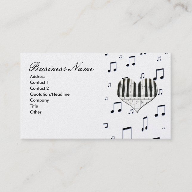 Carte De Visite Notes de coeur et de musique Clavier de piano (Devant)