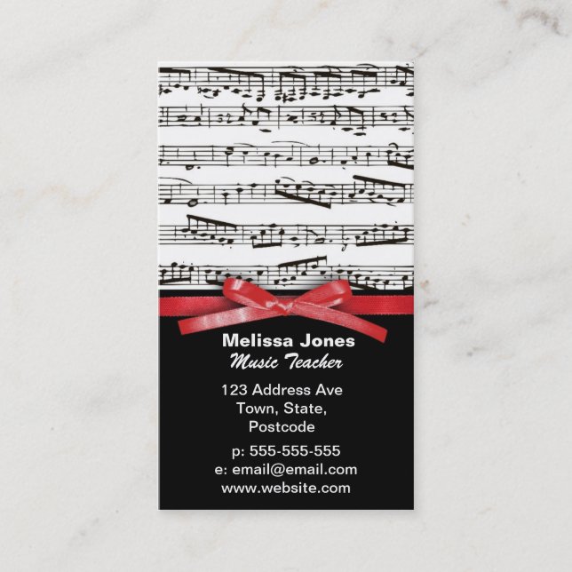 Carte De Visite Notes de musique et faux ruban rouge arc (Devant)