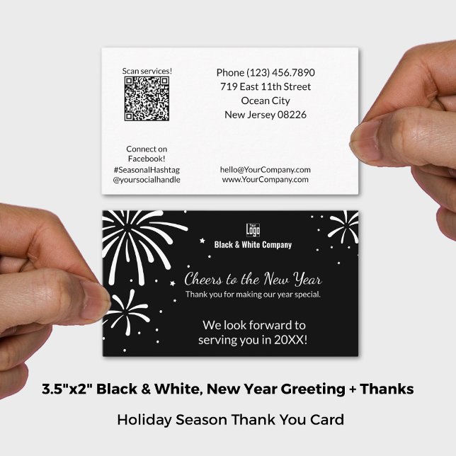 Carte De Visite Nouvel An noir et blanc Salutation & Merci (Black & White New Year Greeting & Thank You Business Card; Size: 3.5x2 Inch (US))