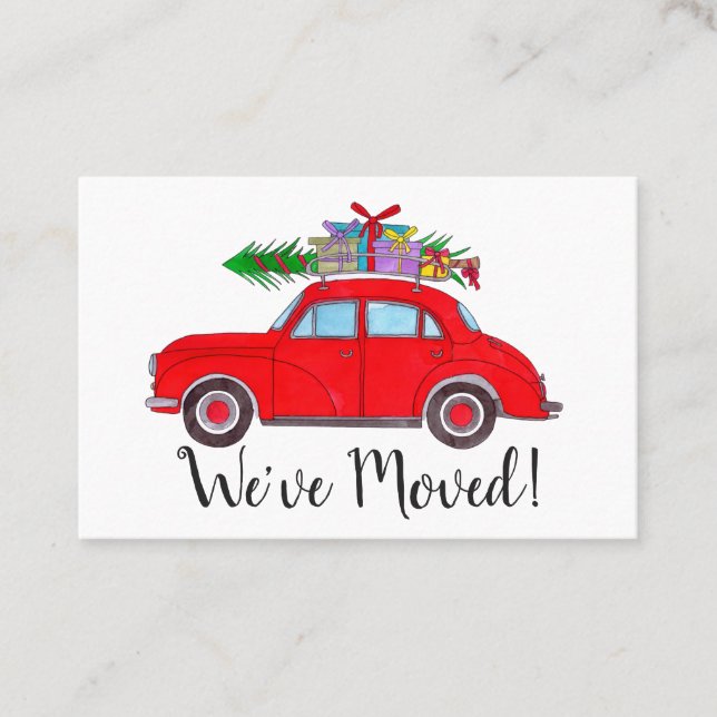 Carte De Visite Nouvelle Adresse Voiture rouge avec cadeaux de Noë (Devant)