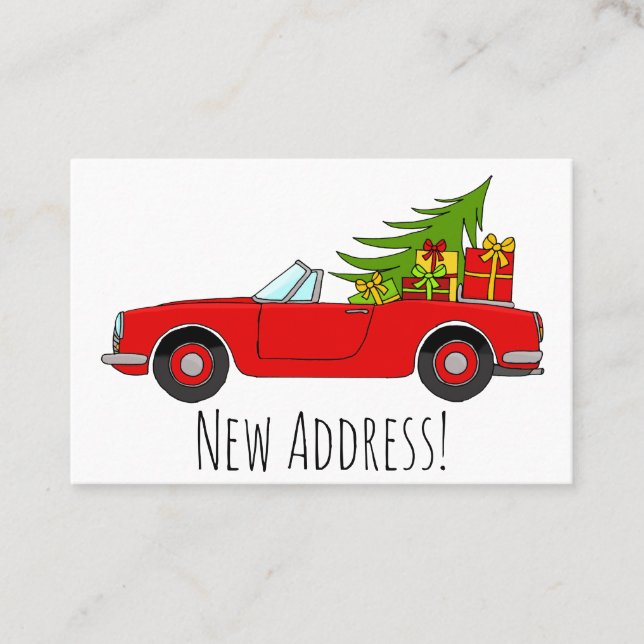 Carte De Visite Nouvelle Adresse Voiture rouge avec cadeaux de Noë (Devant)
