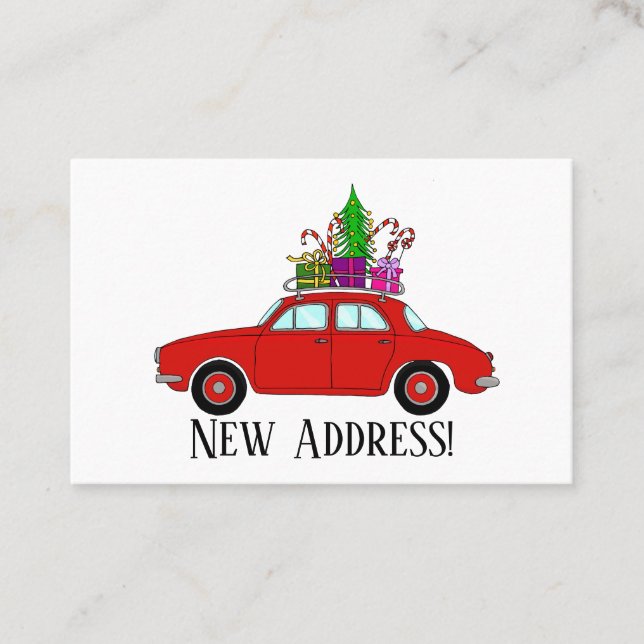 Carte De Visite Nouvelle adresse voiture rouge avec des cadeaux de (Devant)