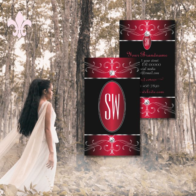 Carte De Visite Novelty Black Red Ornate Ornate Bijoux Monogramme (Créateur téléchargé)