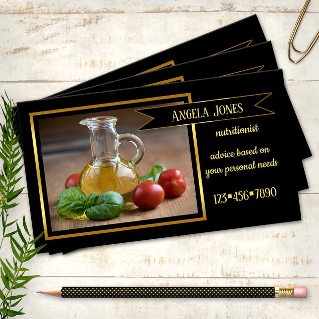 Carte de visite nutritionniste diététiste professi (Business card featuring a still life image with olive oil and tomatoes with basil and golden lining)