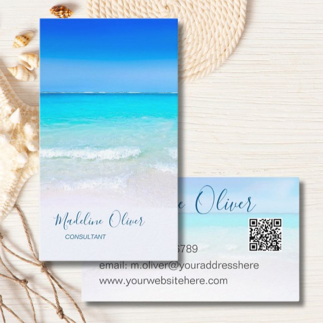 Carte De Visite Ocean Beach Sea QR Code Voyage Spa Aqua Blue (Créateur téléchargé)