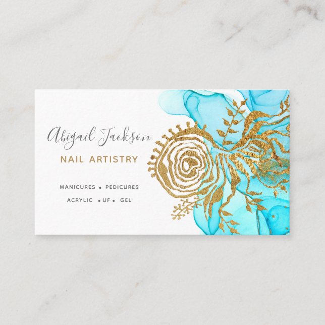 Carte De Visite Ocean Blue Gold Abstract Aquarelle vernis à ongles (Devant)