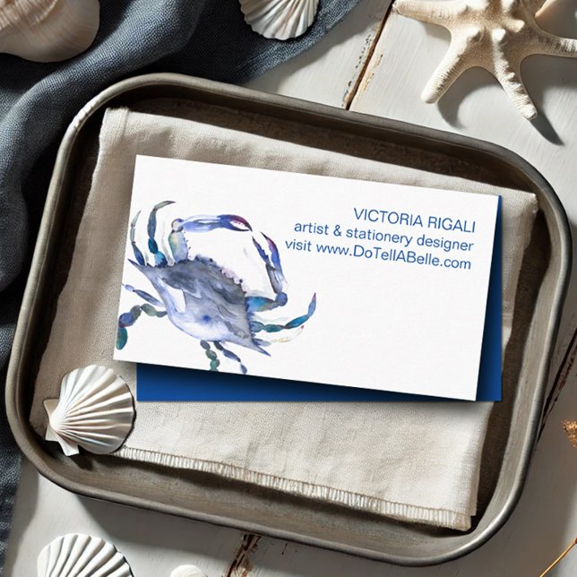 Carte De Visite Océan Thème Crabe Bleu Plage Aquarelle Côte (Beach business cards watercolor blue crab art by Victoria Grigaliunas Do Tell A Belle)