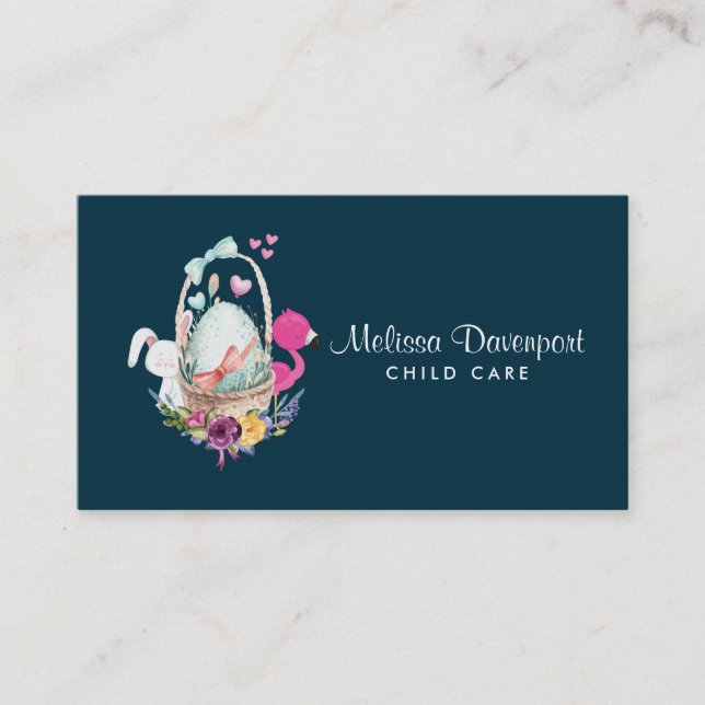 Carte De Visite Oeuf mou, Flamant rose rose et aquarelle de lapin (Devant)