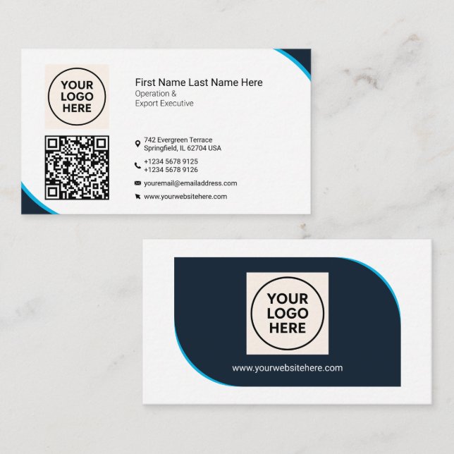 Carte De Visite Officielle QR Professionnel Moderne Marine Bleu En (Devant / Derrière)
