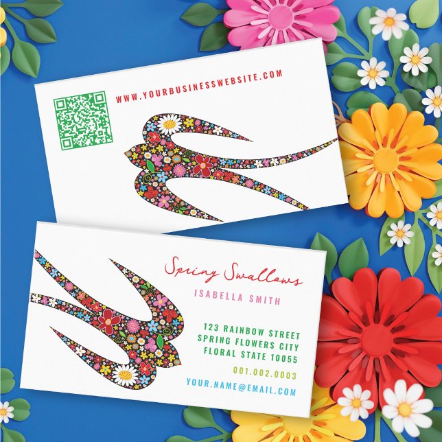 Carte De Visite Oiseau D'Avales Whimsical Et Fleurs De Printemps C (Whimsical Swallow Bird And Colorful Spring Flowers Business Card @ fatfatin)