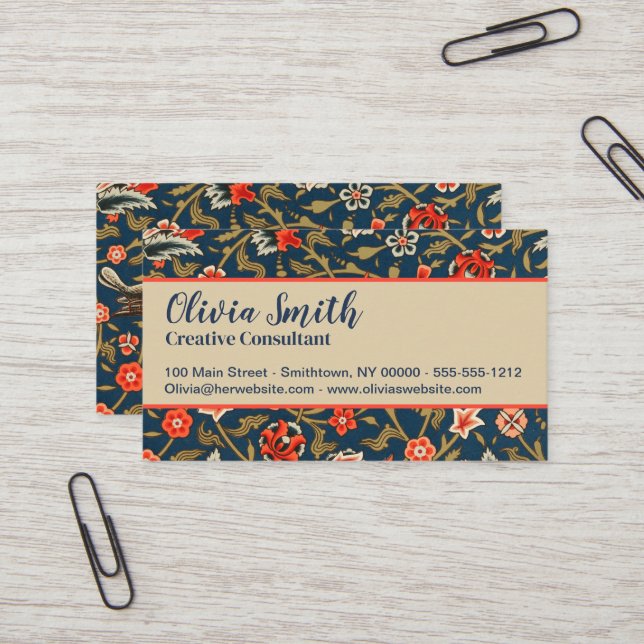 Carte De Visite Oiseau et fleurs Perse Motif bleu rouge (Devant/Arrière en situation)