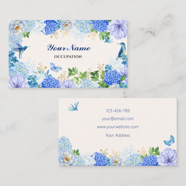 Carte De Visite Oiseau floral bleu simple élégant (Devant / Derrière)