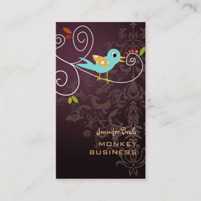 Carte De Visite Oiseau rétro sur une branche + merlot (Devant)