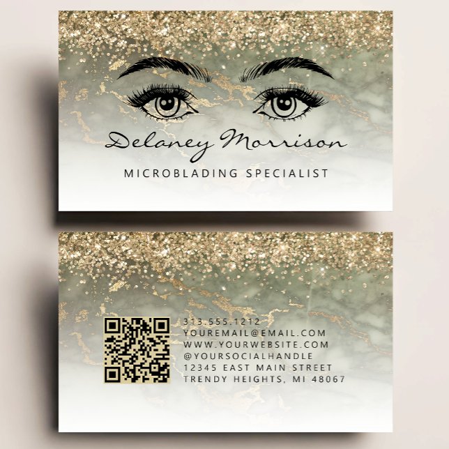 Carte De Visite Olive Green Gold Marble Eyes QR Code Microblading (Créateur téléchargé)