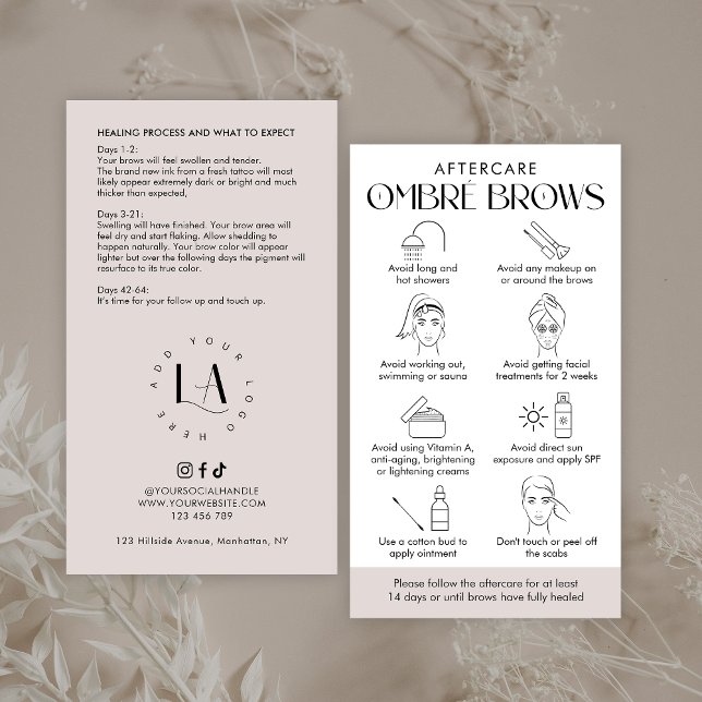 Carte De Visite Ombré Poudre Brosse Après-soins Crème moderne et b (Elegant powder brows aftercare cards with care icons and space for your business details)
