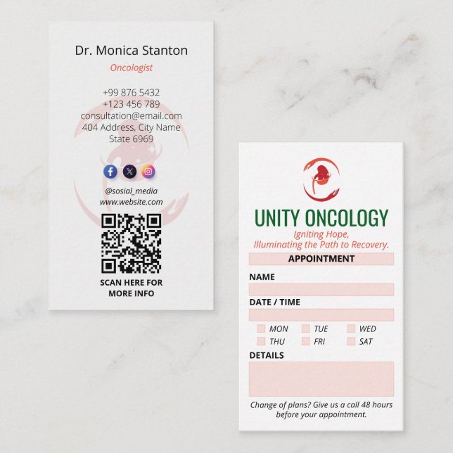 Carte De Visite Oncologie Clinique Affaires | Rendez-vous simple (Devant / Derrière)