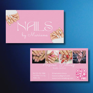 Carte De Visite ongles tech code qr stylé 4 photos rose chic
