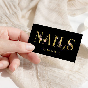 Carte De Visite Ongles Typographie florale d'or sur noir