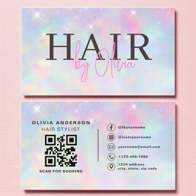 Carte De Visite Opal Glitter QR Code Hair Stylist Modern (Créateur téléchargé)