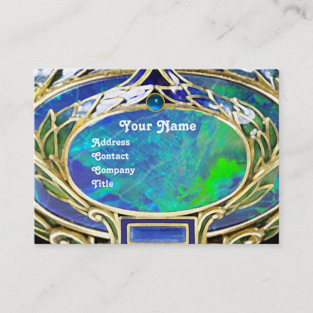 CARTE DE VISITE OPAL VERT BLEU, MONOGRAMME D'OEUVRE D'OR ART NOUVE (Devant)