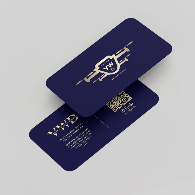 Carte De Visite Opérateur de drone d'or moderne Monogramme bleu nu (Modern Gold Drone Operator Monogram Midnight blue Business Card
)