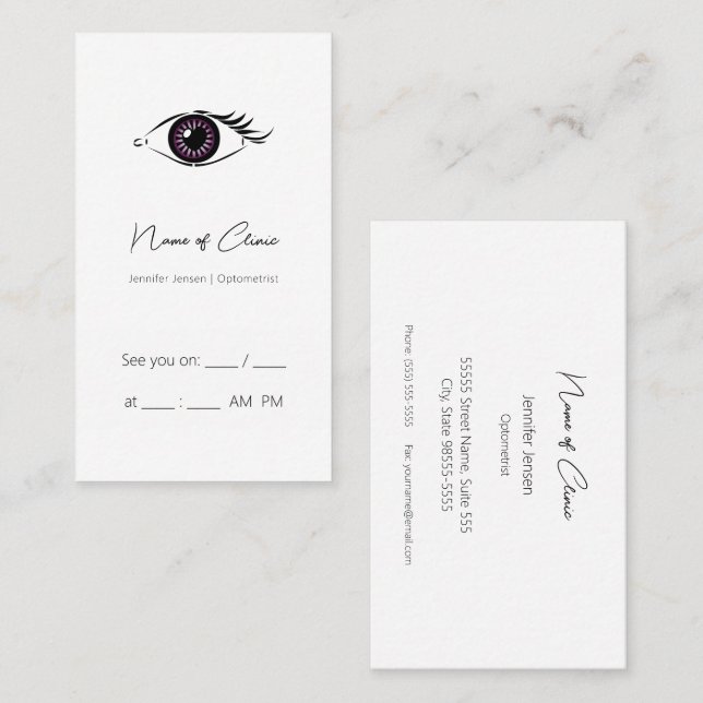 Carte De Visite Optométriste professionnel Purple Heart Eye Rappel (Devant / Derrière)