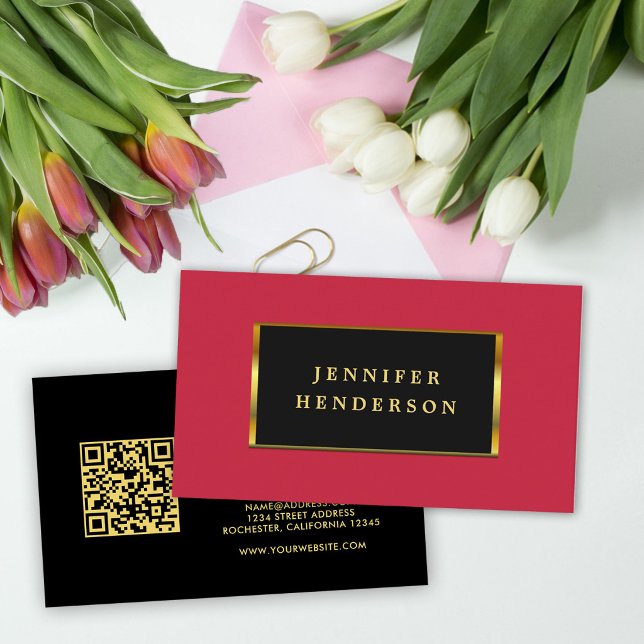 Carte De Visite Or cardinal rouge code QR professionnel (Moden chic black gold, cardinal red QR code professional Business Card.)