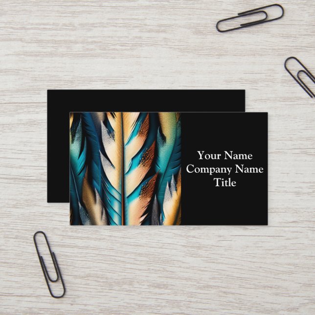 Carte De Visite Or et plumes Turquoises (Devant/Arrière en situation)
