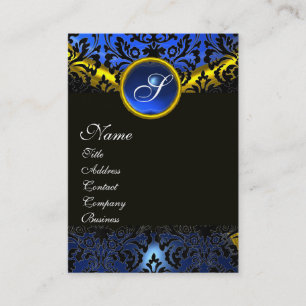 CARTE DE VISITE OR JAUNE NOIR SAPHIRE BLEU DAMASK MONOGRAM
