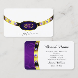 Carte De Visite Or Monogramme Luxueux Blanc et Violet Diamants