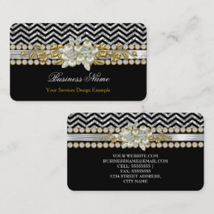 Carte De Visite Or Noir Argent Chevron Diamant Floral Perlé