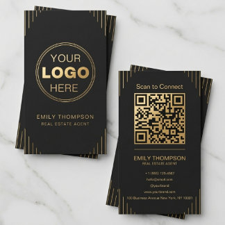 Carte De Visite Or Noir Code QR Art Déco Design Élégant Minimalist