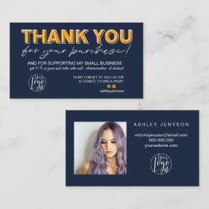 Carte De Visite Orange bleu script photo logo commander merci