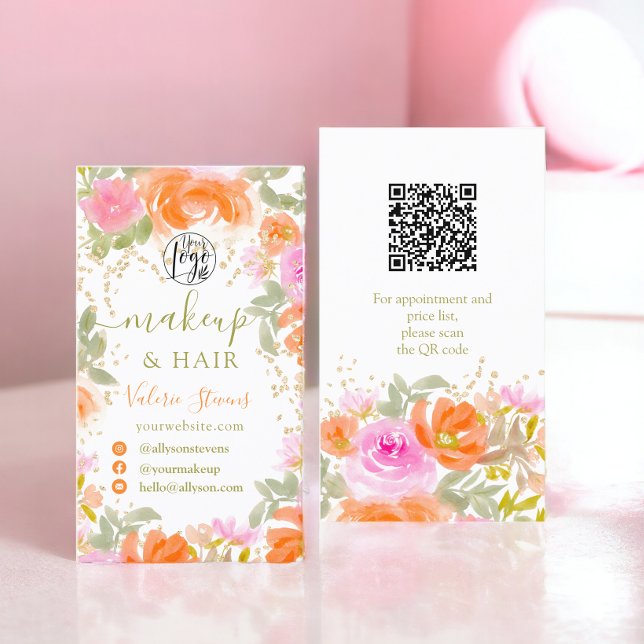 Carte De Visite Orange Boho fleur sauvage aquarelle cheveux maquil (Orange Boho wild flowers watercolor makeup hair Business Card)