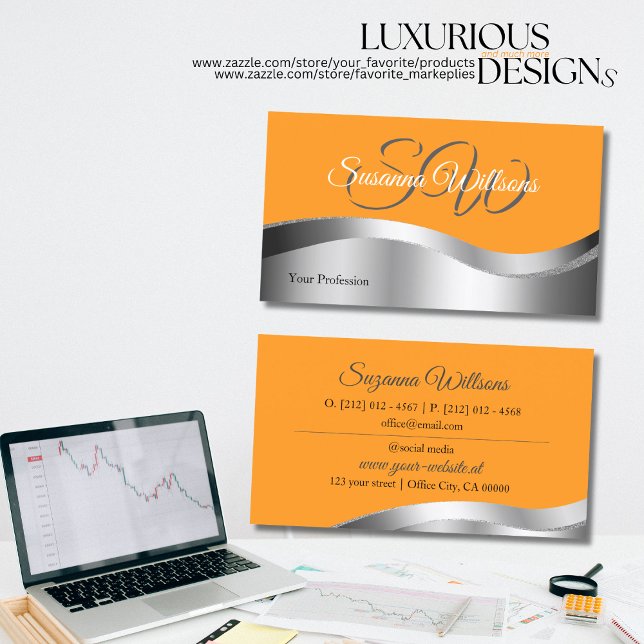 Carte De Visite Orange classique avec décor et initiales en argent (Créateur téléchargé)
